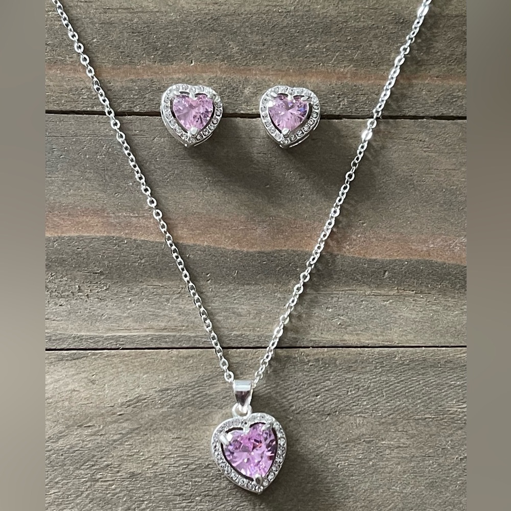 Pink Cubic Zirconia Heart 3 Piece Set Pendant Silver Necklace Valentine Earrings